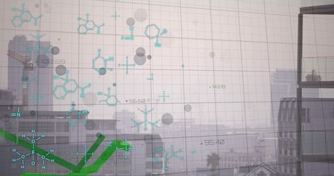Augmented reality lab window displaying molecular diagrams and urban data visualization