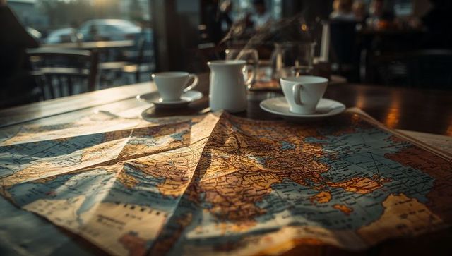 Sunlit folded travel map on cafe table with coffee cups and milk pitcher
