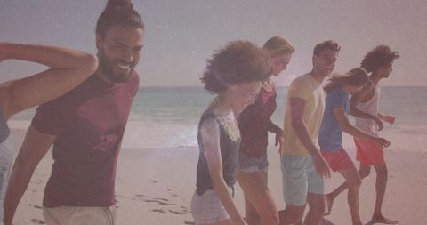 Friends Walking on Beach Enjoying Summer Day