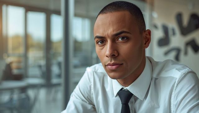 Thoughtful young executive formal headshot in sunlit modern office wearing white shirt and black tie