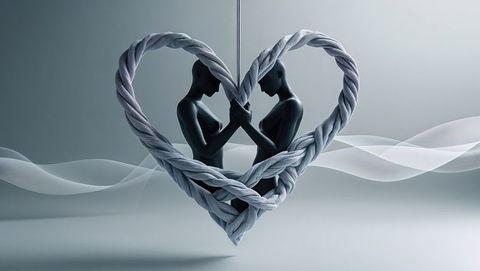 Emotional connection of kneeling figures with braided heart