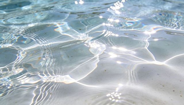 Glittering shallow water showing sunlit caustic patterns and prismatic ripples on pale sand