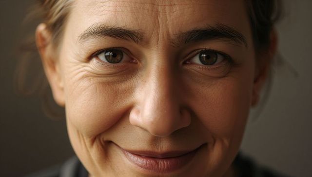 Intimate closeup middle-aged woman smiling with soft gaze natural wrinkles warm expression