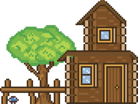 Pixel art wooden cabin in forest with transparent background