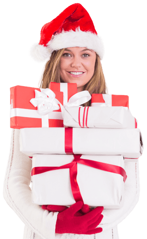 Festive Woman with Gift Boxes and Red Santa Hat Transparent Background