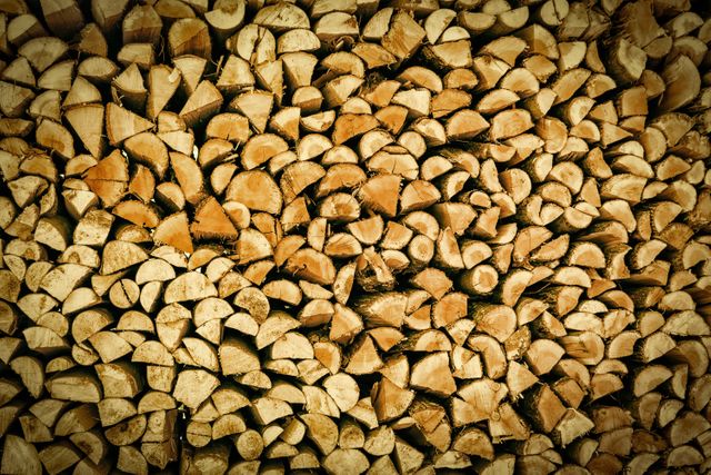 Close-up view of neatly stacked firewood logs forming a uniform texture. Ideal for backgrounds, nature themes, woodworking projects, camping advertisements, and websites focusing on outdoor activities and sustainable living.