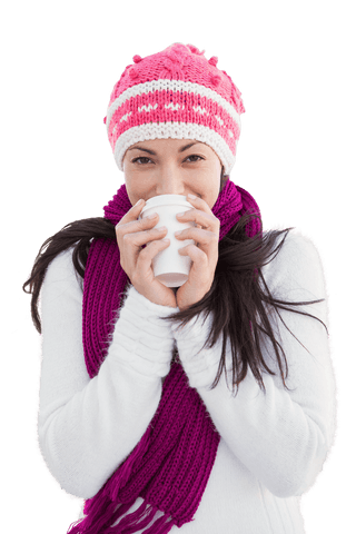 Happy Woman Drinking Warm Coffee on Transparent Background