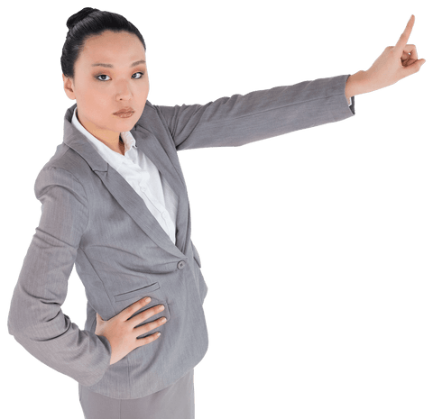 Confident Asian Businesswoman Pointing Upward on Transparent Background