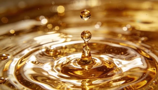 Golden droplet creating liquid column and concentric ripples closeup macro with warm bokeh