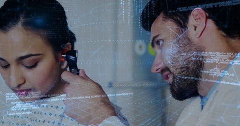 Doctor Using Otoscope Examining Patient with Digital Data Overlay