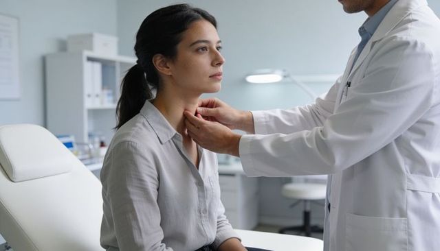 Primary care physician palpating female thyroid during routine exam in modern clinic