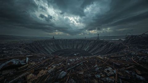 Circular crater amidst metal scrap in dramatic airstrikes skyline