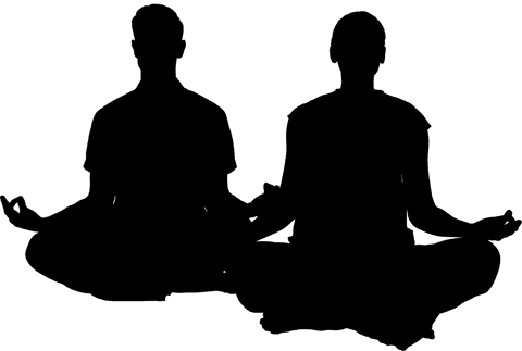 Transparent silhouettes of man and woman meditating in lotus position