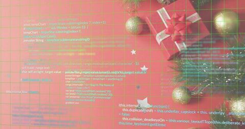 Red holiday gift with white ribbon and gold baubles overlaid by neon green code grid glitch