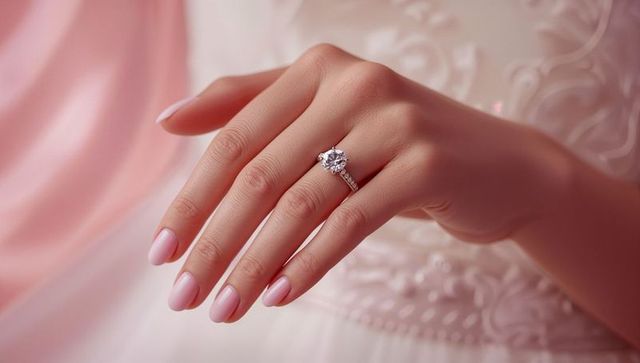 Elegant hand with solitaire ring and bridal gown