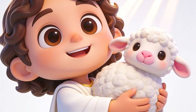 Smiling child cradling fluffy lamb plush wearing robe with gold trim, 3d cartoon portrait