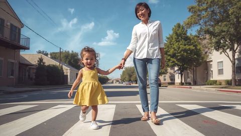 Mother walking with daughter on suburban crosswalk under sunny blue sky smiling family