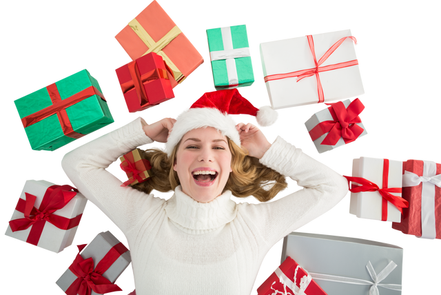 Joyful Woman Surrounded by Holiday Gifts on Transparent Background - Download Free Stock Videos Pikwizard.com