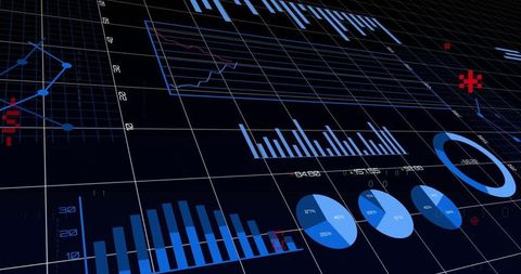 Futuristic 3D Digital Dashboard Displaying Data Visualizations