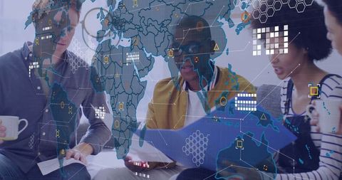 Diverse Team Collaborating with Data Overlay for Strategic Planning