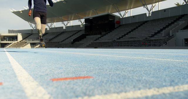 This image captures an athlete with a prosthetic leg running on an outdoor race track. Empty stadium seats are visible in the background. This image showcases themes of determination, resilience, and inclusion in sports. It can be used for articles on adaptive sports, motivational stories, health and fitness websites, or advertisements promoting accessible sports equipment.