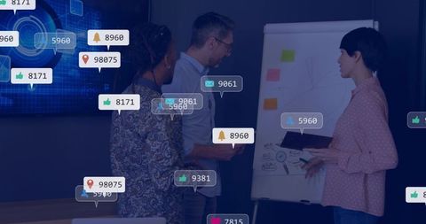 Team collaborating over analytics flip chart presentation with social media data overlays