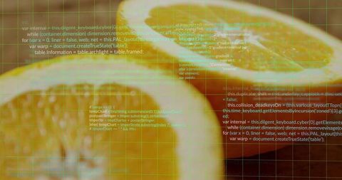 Halved citrus sitting on wood while digital code overlaying green grid
