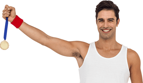 Transparent Male Athlete Holding Gold Medal with Proud Smile