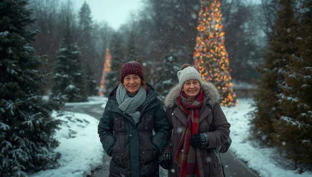 Senior Women Strolling Winter Wonderland Festive Magic