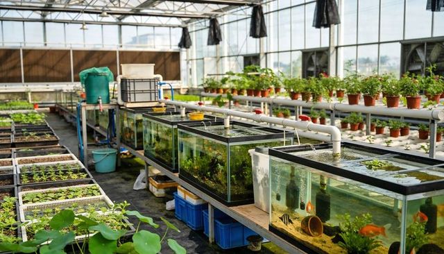 Running aquaponics benches with glass aquaria and seedling trays in greenhouse nursery