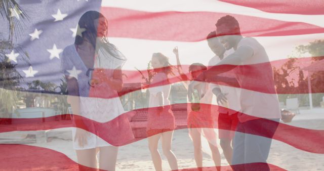 Young Adults Celebrating Independence Day on Beach with American Flag Overlay - Download Free Stock Images Pikwizard.com