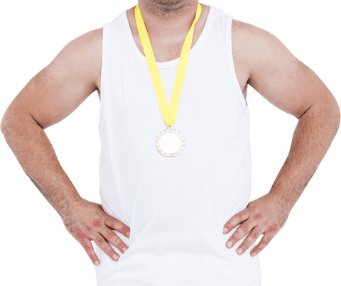 Athlete Wearing Gold Medal on White Tank Top Transparent Background