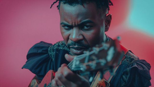 Musician with dreadlocks performing in artistic studio lighting