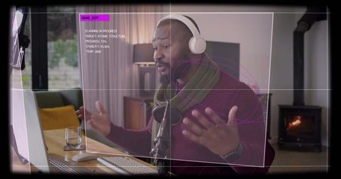 Recording live podcast in home studio with futuristic gene_edit interface and microphone