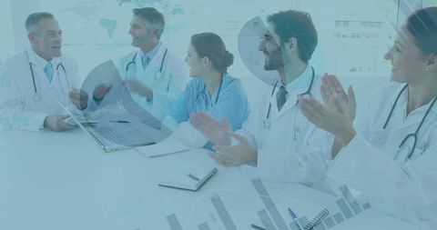 Medical Professionals Meeting Amidst Digital Financial Graphics