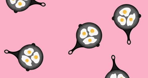 Frying pans with eggs pattern on bright pink background