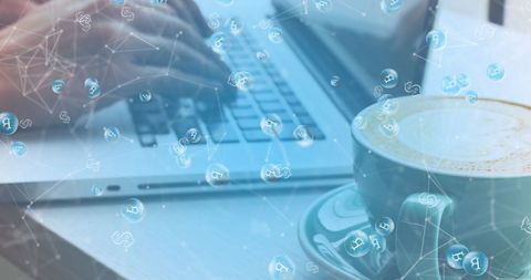 Digital Workspace with Laptop and Coffee Overlaying Technology Icons - Download Free Stock Images Pikwizard.com