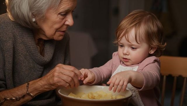 Grandmother guiding toddler reaching into bowl of snacks at warm family table