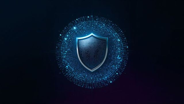 Digital Shield Emblem with Circuit Traces and Glowing Data Halo for Cybersecurity Defense