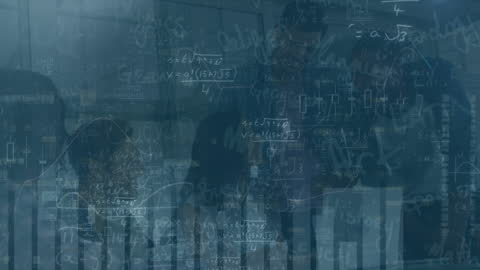 Business Team Analyzing Data with Mathematical Formulas Overlay