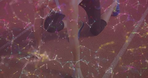 Crouching Female Athlete in Motion with Technological Overlay