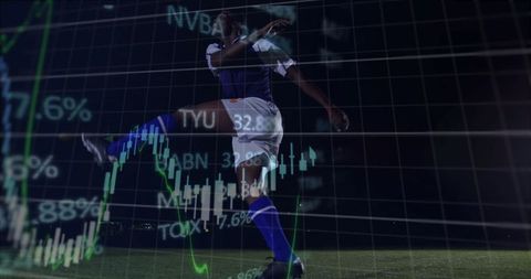 Soccer Player with Dynamic Overlay of Financial Charts at Night