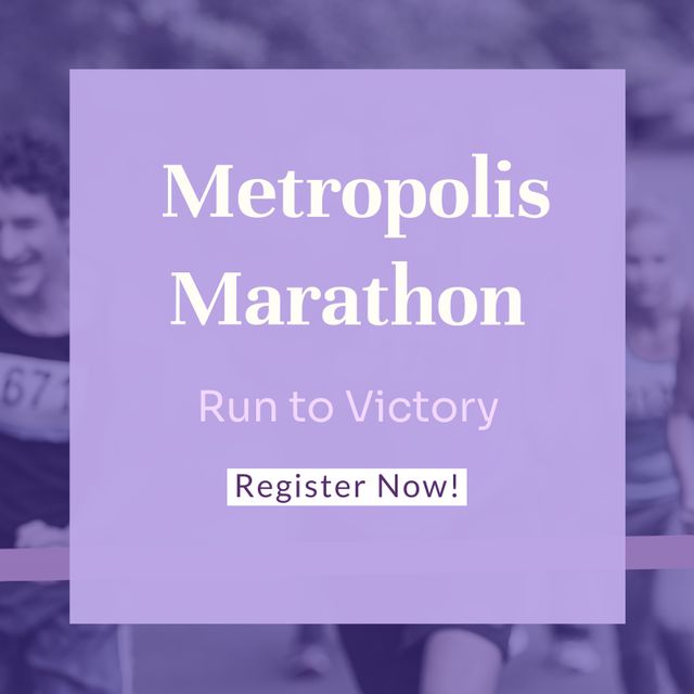 Poster showcasing Metropolis Marathon with a motivational 'Run to Victory' tagline. Features smiling Caucasian runners in background overseeing this call to register. Great for promoting marathons, encouraging sign-ups, and highlighting community athletic events.