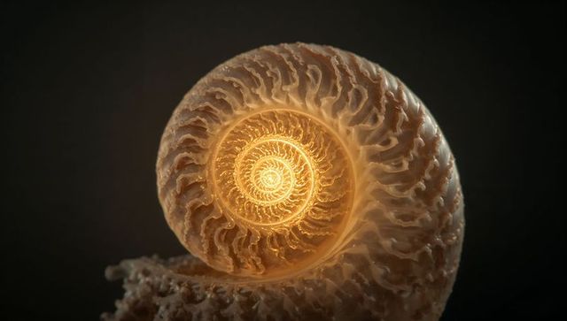 Glowing nautilus spiral revealing translucent chambers and intricate organic texture