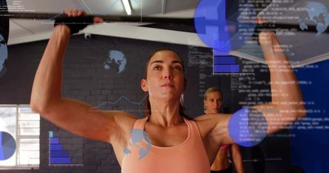Strong female lifting overhead press with digital data overlays tracking workout metrics