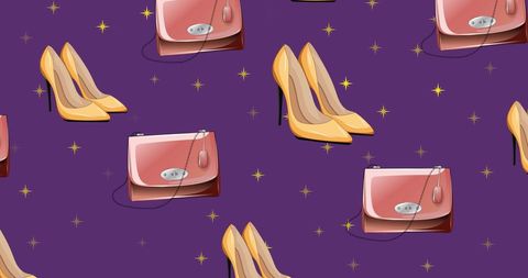 Chic fashion pattern with high heels and handbags on purple