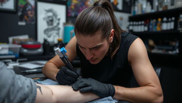 Female tattoo artist tattooing forearm with rotary machine in modern tattoo studio