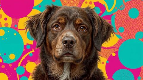 Brown dog with colorful graphic background in modern pet portrait