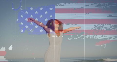 Celebratory Patriotic Woman at Beach with American Flag Overlay