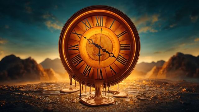 Melting antique clock at sunset in surreal landscape